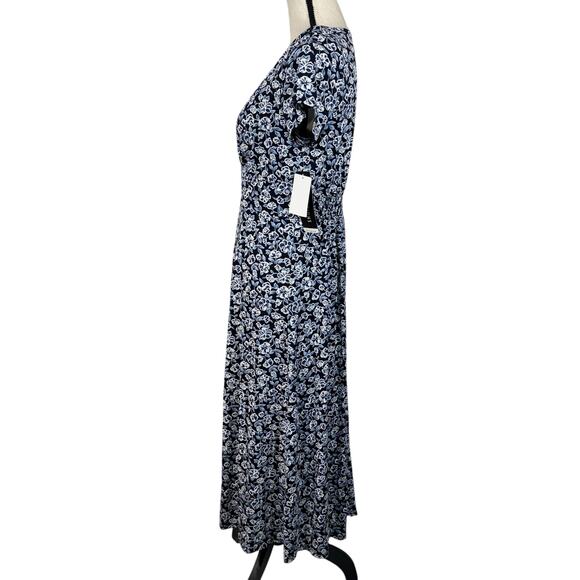 Perceptions NY SZ 8 A-Line Midi Dress Floral Cap Sleeve Empire Waist V-Neck Blue - Picture 6 of 10